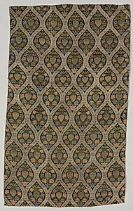 Lampas fragment with blossoms in ogival lattice by Unknown Artist