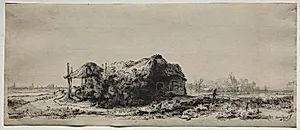 Landscape with a  Cottage and Hay Barn: Oblong by Rembrandt van Rijn (Dutch, 1606–1669)