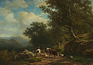 Landscape with a Peasant and His Flock by Alexander Joseph Daiwaille (Dutch, 1818–1888)