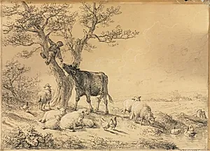 Landscape with Animals and Boy in Tree by Eugène Joseph Verboeckhoven (Belgian, 1798–1881)