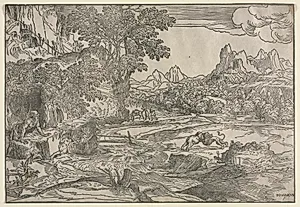Landscape with Saint Jerome and Two Lions by Domenico Campagnola (Italian, 1500–1564)