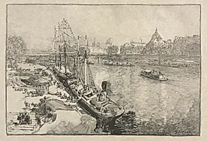 [Large Steamer Ship at Dock, Paris] by Auguste Louis Lepère (French, 1849–1918)