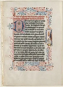 Leaf Excised from a Book of Hours: Angel with a Banderole within a Flourished Border (Prayer to the Holy Trinity) by Workshop of the Convent of St. Agnes (Netherlandish)