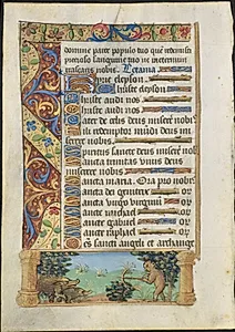 Leaf from a Book of Hours: Ape Hunting Wild Boars (recto) by Unknown Artist