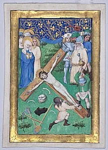 Leaf from a Book of Hours: Christ Being Nailed to the Cross by Master of the Maximilian Schoolbooks (Austrian)