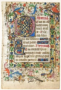 Leaf from a Book of Hours: Decorated Initial D[eus] with Foliated Border (Opening of Terce: Hours of the Holy Spirit) by Master of Guillebert de Mets (Flemish)