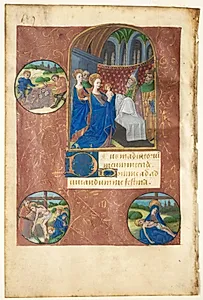 Leaf from a Book of Hours:  Presentation in the Temple with Roundels of the Casting of Lots, the Deposition, and Pietà (None, Office of the Virgin) by Master of Adélaïde de Savoie (French, active c. 1450–70)