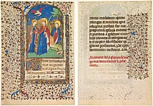 Leaf from a Book of Hours: Sts. Geneviève, Catherine of Alexandria, and Margaret (recto) and Text (verso) by Boucicaut Master (French, Paris, active about 1410–25)