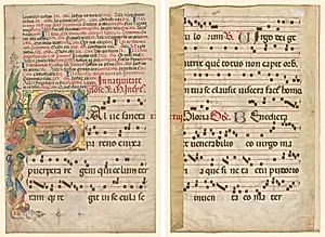 Leaf from a Gradual: Historiated Initial S[alve Sancta Parens] with Birth of the Virgin (recto) and Music (verso) by Unknown Artist