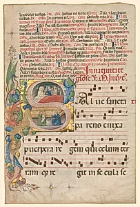 Leaf from a Gradual: Historiated Initial S[alve Sancta Parens] with Birth of the Virgin (recto) by Unknown Artist