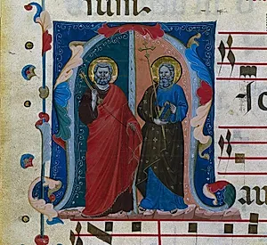 Leaf from a Gradual with Historiated Initial (M): Saints Peter and Andrew by Master of Isaac and Esau (Italian)