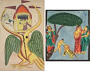 Leaf from a Kalighat album: Jatayu hinders Ravana’s chariot, trying to prevent the abduction of Sita (recto); Dushyanta watching his son Bharat playing with the tiger at the end of the Abhijnanashakuntalam (verso) by Unknown Artist