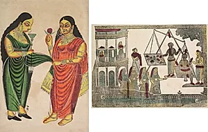 Leaf from a Kalighat album: Maid bringing a hookah to a lady (recto); Krishna weighed against precious objects(?) (verso) by Unknown Artist