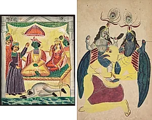 Leaf from a Kalighat album: Rama and Sita enthroned (recto); Garuda carrying Balarama and Krishna (verso) by Unknown Artist