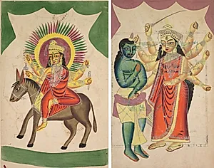 Leaf from a Kalighat album: Sheetaladevi: The Smallpox Goddess (recto); Durga (verso) by Unknown Artist