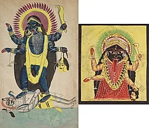 Leaf from a Kalighat album: Two Aspects of Kali by Unknown Artist