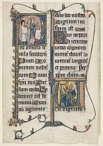 Leaf from a Missal with Two Historiated Initials: Initial P[er omnia saecula saeculorum] (A Priest Celebrates Mass) and Initial V[ere dignum et iustum est] (Ecclesia and Synagogue) by Unknown Artist