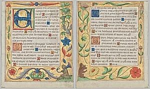 Leaf from a Psalter and Prayerbook: Initial E with Ornamental Border Containing a Seated Satyr and a Bird Eating Grapes (recto) and Ornamental Border with Flowers and Squirrel (verso) (2 of 3 Excised Leaves) by Unknown Artist