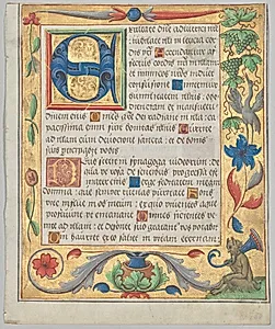 Leaf from a Psalter and Prayerbook: Initial E with Ornamental Border Containing a Seated Satyr and a Bird Eating Grapes (recto) by Unknown Artist