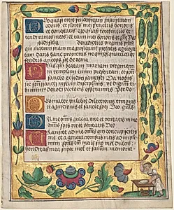 Leaf from a Psalter and Prayerbook: Ornamental Border with Pea Vines and a Girl Kneading Bread (recto) by Unknown Artist