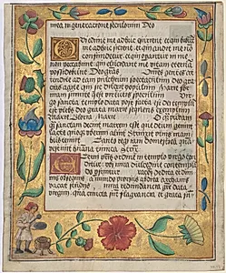 Leaf from a Psalter and Prayerbook: Ornamental Border with Carnations, a Thistle, and a Cook Ladling Soup (verso) by Unknown Artist