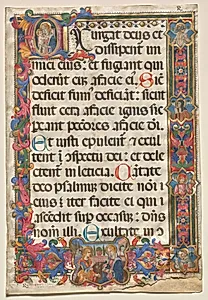 Leaf from a Psalter with Full Border with Medallions (Annunciation, SS. Jerome, Clare, Sebastian and Bernardino) and Historiated Initial (E): Virgin and Child by Unknown Artist