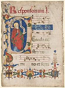 Leaf from an Antiphonary: Historiated Initial P with the Prophet Samuel; Arms of the Visconti Family and the Olivetan Order