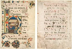 Leaf from an Antiphonary with Historiated Initial (H) with The Nativity (recto) and Music (verso) by Unknown Artist