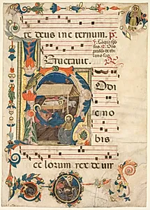 Leaf from an Antiphonary with Historiated Initial (H) with The Nativity (recto) by Unknown Artist