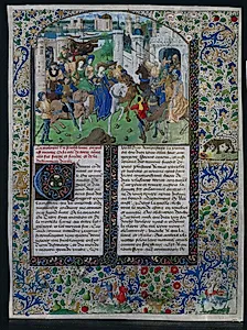 Leaf from Jehan de Courcy's "Chronique Universelle": King Priam Meets Helen and Paris outside the Gates of Troy by Unknown Artist