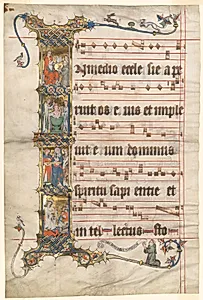 Leaf from the Wettinger Gradual: Historiated Initial (I) with Scenes from the Life of St. Augustine by Second Master of the Wettinger Gradual (German)