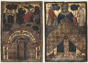 Leaves from a Volume of Johannes Andrea's "Lectura super arboris consanguinitatis et affinitatis: Table of Affinity and Table of Consanguinity" by Master of the Register of 1328 (Italian)