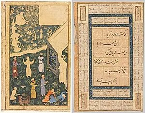 Left side of a double-page album folio: Outside a Royal Encampment (recto) and Calligraphy, Persian Verses (verso) by Bihzad (Iranian, active 1470–1506)