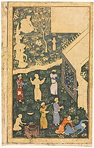Left side of a double-page album folio: Outside a Royal Encampment (recto)