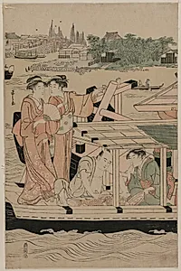 Leftmost Print from Pleasure Boats on the Sumida River beneath Shin-Ōhashi Bridge by Chōbunsai Eishi (Japanese, 1756–1829)