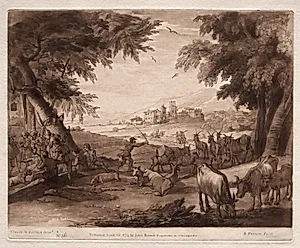 Liber Veritatis:  No. 36, Pastoral Scene with Villagers and a Herd of Oxen and Goats by Richard Earlom (British, 1743–1822)