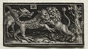 Lion Fighting two Beasts