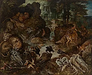 Lions and Fox in a Rugged Landscape by Roelant Savery (Flemish, 1576–1639)