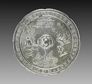 Lobed Mirror with a Tortoise Knob, Musician, and Phoenix by Unknown Artist