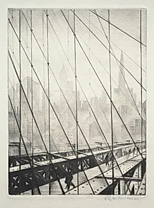 Looking through Brooklyn Bridge by Christopher Nevinson (British, 1889–1946)