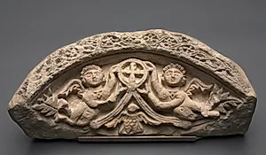 Lunette with Two Angels Supporting a Pendant Cross by Unknown Artist