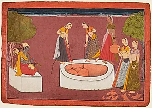 Madhava plays his vina before five women drawing water from a well, from a Madhavanala Kamakandala by Unknown Artist