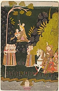 Maharaja Abhai Singh of Marwar (reigned 1724–49), Equestrian, Watching Girls Swinging at the Teej Festival by Unknown Artist