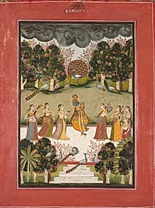Malar Ragini: Krishna Playing the Flute to Seven Gopis Holding Musical Instruments, from the Ragamala Series by Unknown Artist