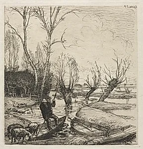 [Man in a Boat with Three Sheep] by Auguste Louis Lepère (French, 1849–1918)