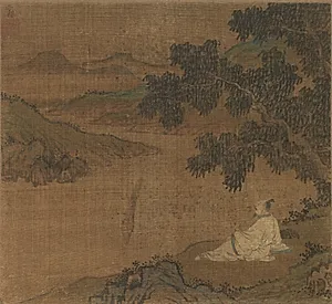 Man on a Hillside under a Tree Overlooking a River by Unknown Artist