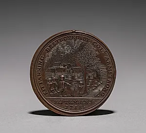 Medal:  Commemorating the Destruction of Kittanning by Col. Armstrong, 8 September 1756 (reverse) by Unknown Artist