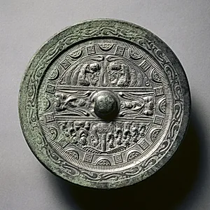 Mirror Featuring Deities and Kings in Three Sections Surrounded by Rings of Squares and Semicircles by Unknown Artist