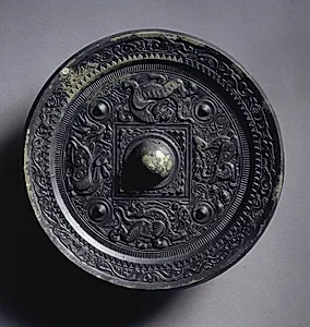 Mirror with a Central Square, Immortals, and Auspicious Animals by Unknown Artist