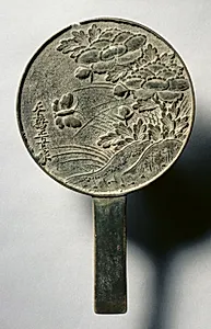 Mirror with Handle, Decorated with a Butterfly and Blooming Peony by Unknown Artist